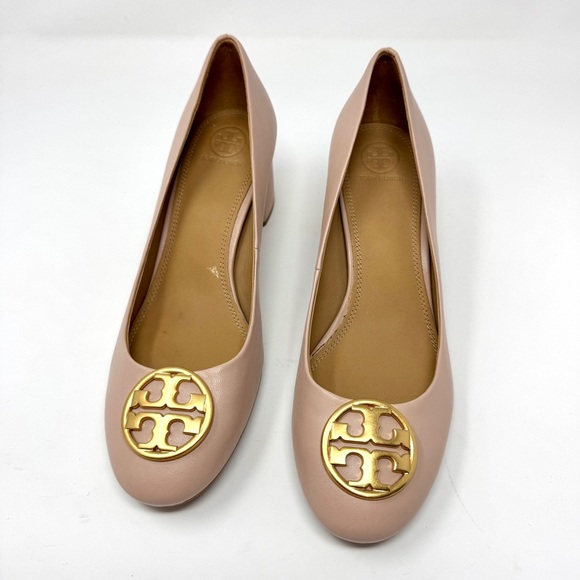 Tory Burch Benton Pink Leather Block Heel Pumps Gold Logo size 10 - Picture 6 of 15